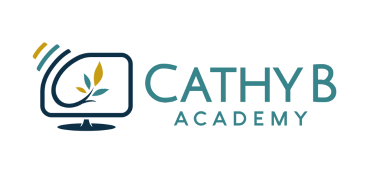 Logo for Cathy B Academy featuring a computer monitor with a leaf inside and three yellow lines, alongside the text "Cathy B Academy" in blue and teal lettering.