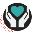 virtual-cathy-giving-icon Two white hands hold a teal heart against a black circular background, with red decorative elements in the lower left corner—embodying the care and support of Virtual Cathy.