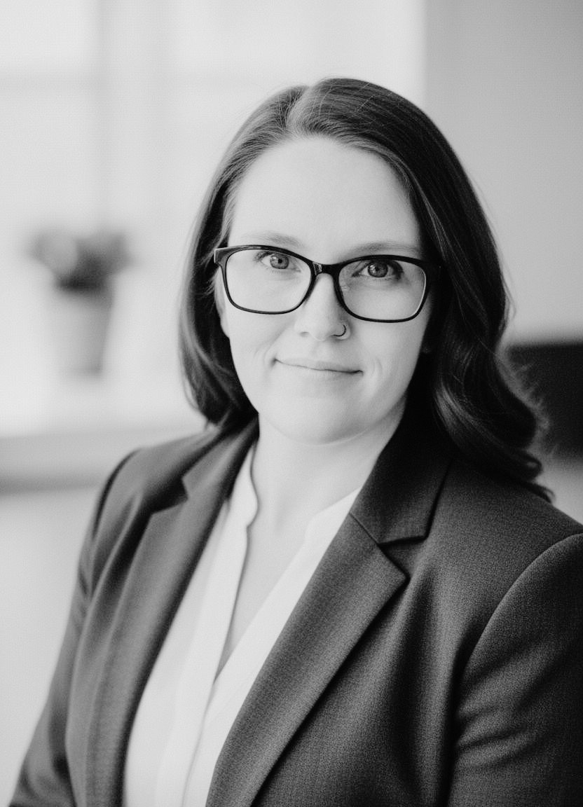 A woman with long dark hair and glasses, wearing a blazer and blouse, looks at the camera in a professional indoor setting. The photo is in black and white.