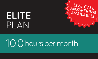 A promotional graphic for the "Elite Plan" offering 100 hours per month. A red badge indicating "Live Call Answering Available!" further sets this plan apart. With EA-level efficiency, this plan ensures you're always connected and never miss a call.