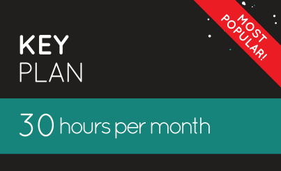 Graphic featuring a "Key Plan" offering 30 hours per month, highlighted by a red banner in the corner stating "Most Popular!" Enroll in EA Plans for more options!