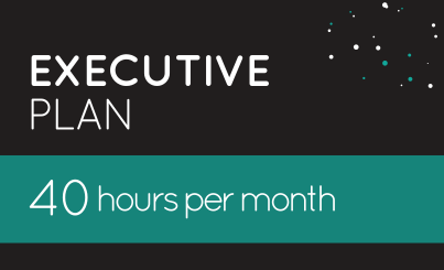 A banner with text "Executive Plan" and "40 hours per month" on a black and teal background with small decorative dots, perfect for showcasing EA Plans.