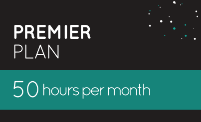 Dark background with white and teal text reads 'Premier Plan 50 hours per month - one of our exclusive EA plans.'