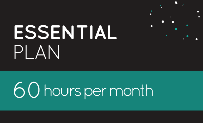 A graphic featuring the text "ESSENTIAL PLAN" and "60 hours per month" on a black background with a green banner and decorative dots, highlighting one of our key plans.