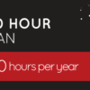 The image showcases a promotional banner featuring "100 Hour Plan" prominently displayed and "100 hours per year" in bold letters against a striking black and red background adorned with decorative dots.