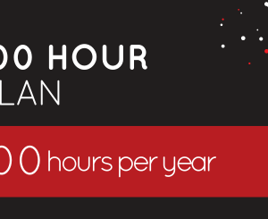 The image showcases a promotional banner featuring "100 Hour Plan" prominently displayed and "100 hours per year" in bold letters against a striking black and red background adorned with decorative dots.