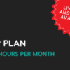 Graphic showcasing the VIP Plan with 120 hours per month, featuring a "Live Call Answering Available!" sticker, all set against a sleek black background.