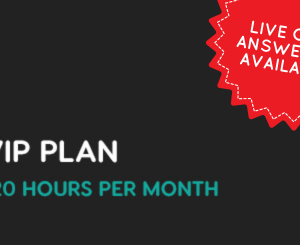 Graphic showcasing the VIP Plan with 120 hours per month, featuring a "Live Call Answering Available!" sticker, all set against a sleek black background.