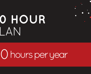 A striking graphic prominently displays the "50 Hour Plan" against a sleek black and red backdrop, surrounded by the text "50 hours per year" and adorned with decorative dots.