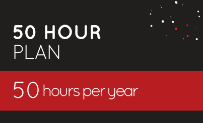 A striking graphic prominently displays the "50 Hour Plan" against a sleek black and red backdrop, surrounded by the text "50 hours per year" and adorned with decorative dots.