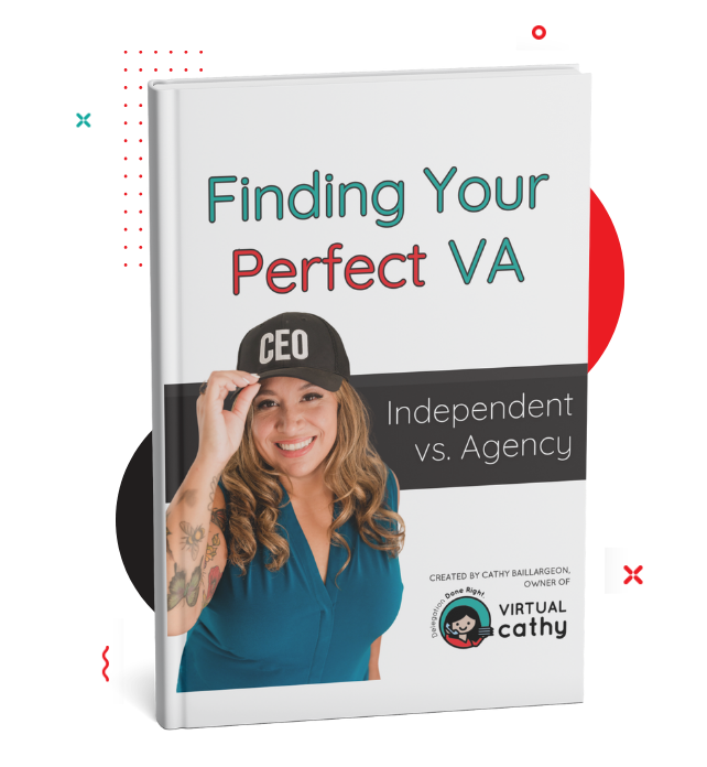 Book cover titled "Finding Your Perfect VA: Independent vs. Agency," featuring a smiling woman in a "CEO" hat. Created by Cathy Baillargeon, owner of Virtual Cathy. Ideal for anyone seeking the Perfect VA or looking for a valuable VA Opt-in resource.