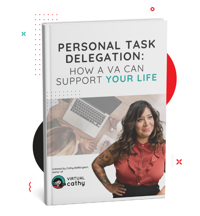 Book cover titled "Personal Task Delegation: How a VA Can Support Your Life," featuring a woman with dark hair in a red blouse at a workspace, highlighting the power of task delegation for managing every personal task efficiently.