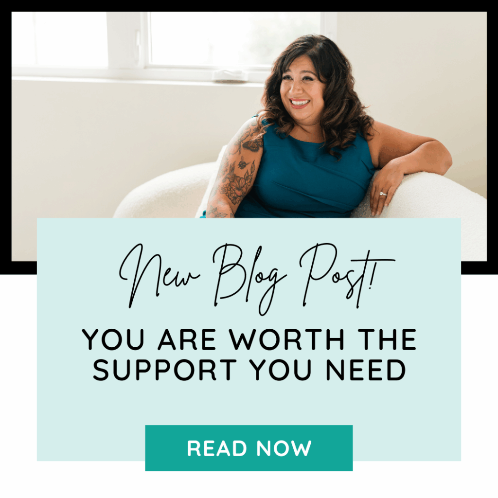 Smiling woman with curly hair sits on a white chair. Text on image reads: "New Blog Post! You are worth the mental health support you need. Read Now.