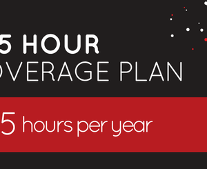 Text graphic shows "25 Hour Overage Plan" and "25 hours per year" on a red banner over a black background with dotted accents, ideal for users seeking the 25 Hour Overage Plan’s flexible data option.