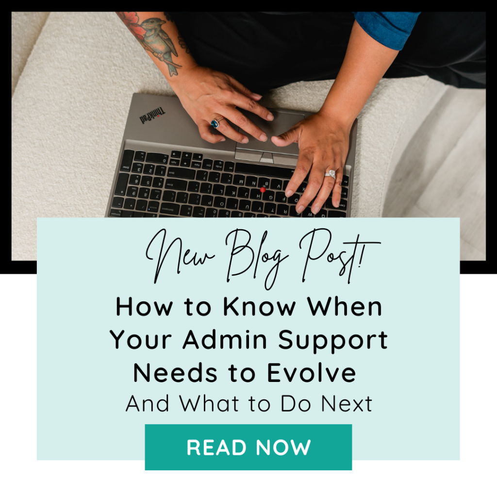 A tattooed arm types on a laptop; text overlay discusses how admin support continues to evolve and highlights the next steps for success, with a "Read Now" button.