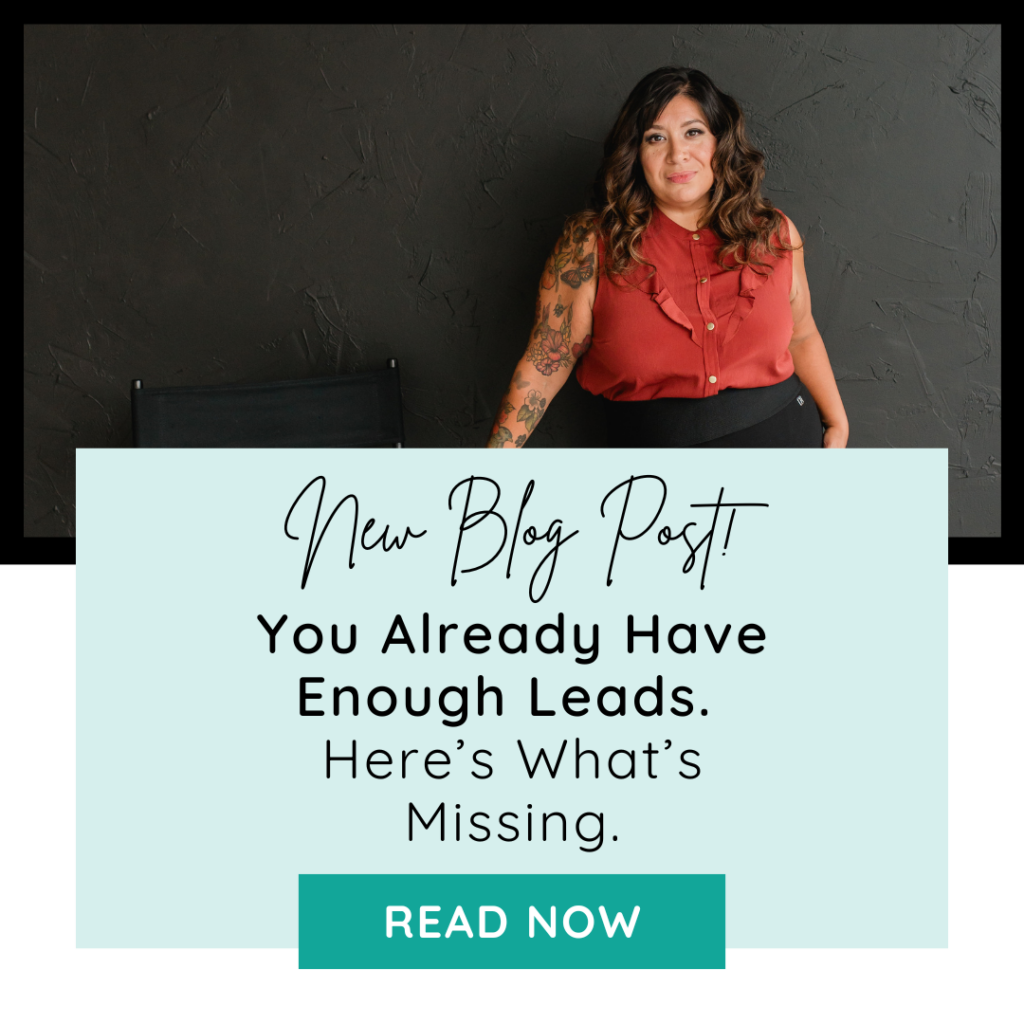 Woman with long hair and a sleeveless top stands by a chair; text overlay promotes a blog post titled "You Already Have Enough Leads. Here’s What’s Missing."—discover sales conversion tips with a "Read Now" button.