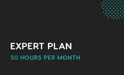 A black background with text in the center stating, "EXPERT PLAN 50 HOURS PER MONTH," in white and cyan colors. There are teal dots in the upper right corner, highlighting top-tier SEO services.