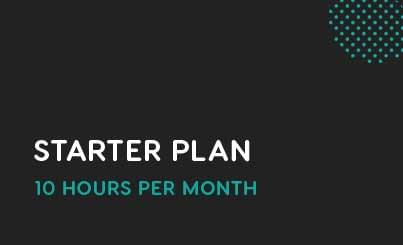 Image of a promotional graphic for the "Starter Plan," offering 10 hours of services per month. The background is dark with teal and white text, and a dotted pattern in the upper right corner.