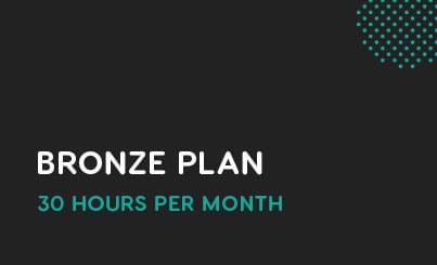 Image displaying a black background with the text "BRONZE PLAN" in white and "30 HOURS PER MONTH" in light blue, enhanced by a cluster of teal dots in the top right corner. This Bronze Plan illustration is sleek and visually appealing.
