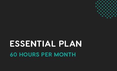 A black background displays "Essential Plan" and "60 hours per month" in white and teal, adorned with a teal dotted pattern in the upper right corner.