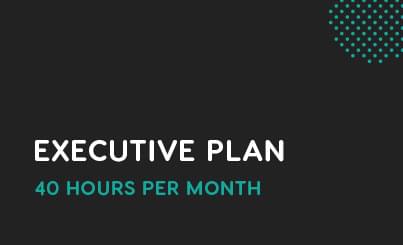 The "Executive Plan," with "40 hours per month" highlighted beneath it, stands out against a black background adorned with a green dotted design in the top right corner.