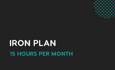 The text on a dark background reads "Iron Plan" and "15 hours per month" in white and teal letters, with a green dotted design appearing in the upper right corner. This plan also includes essential SEO support to enhance your online presence.