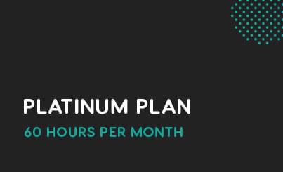 Image of a text banner with a dark background. The banner displays “PLATINUM PLAN” in white and “60 HOURS PER MONTH” in teal. Teal dots decorate the top right corner, emphasizing the exclusive features of the Platinum Plan.